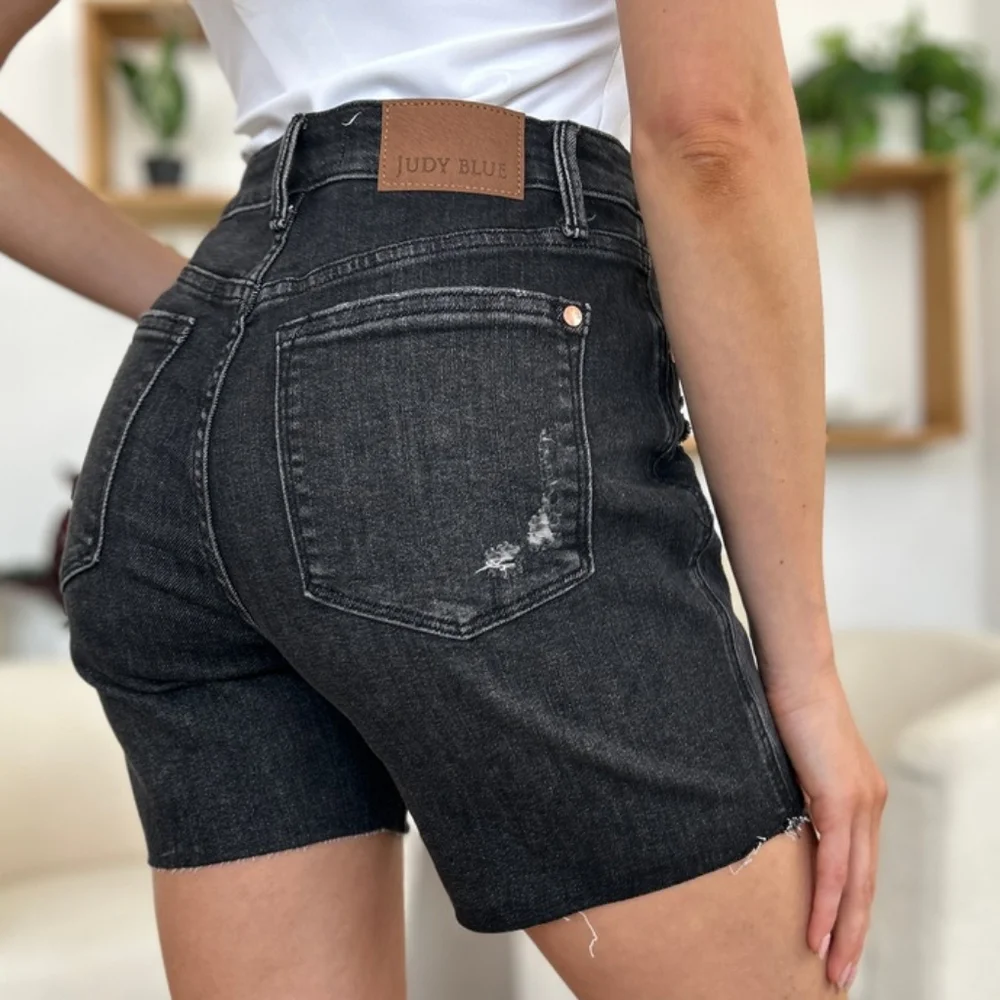 Judy Blue High Rise Tummy Control Denim Slim Black Distressed Frayed Jean Shorts